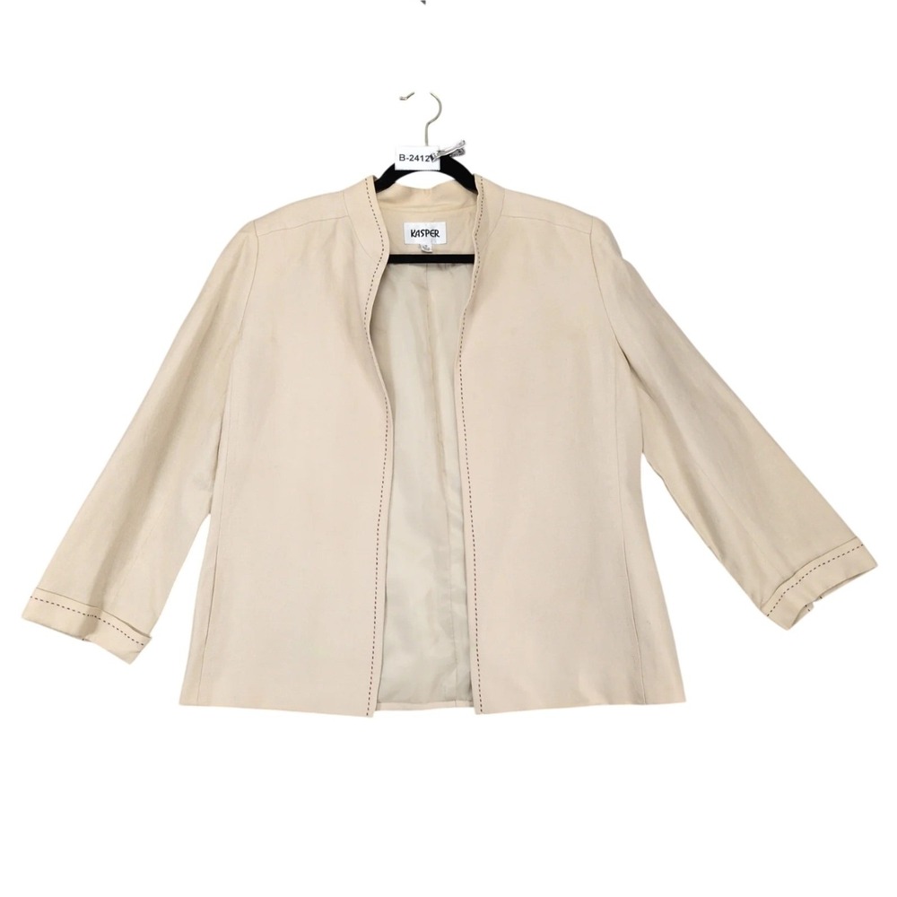 Kasper Beige Linen Blend Open Jacket Womens 16 Contrast Stitching Career Preppy